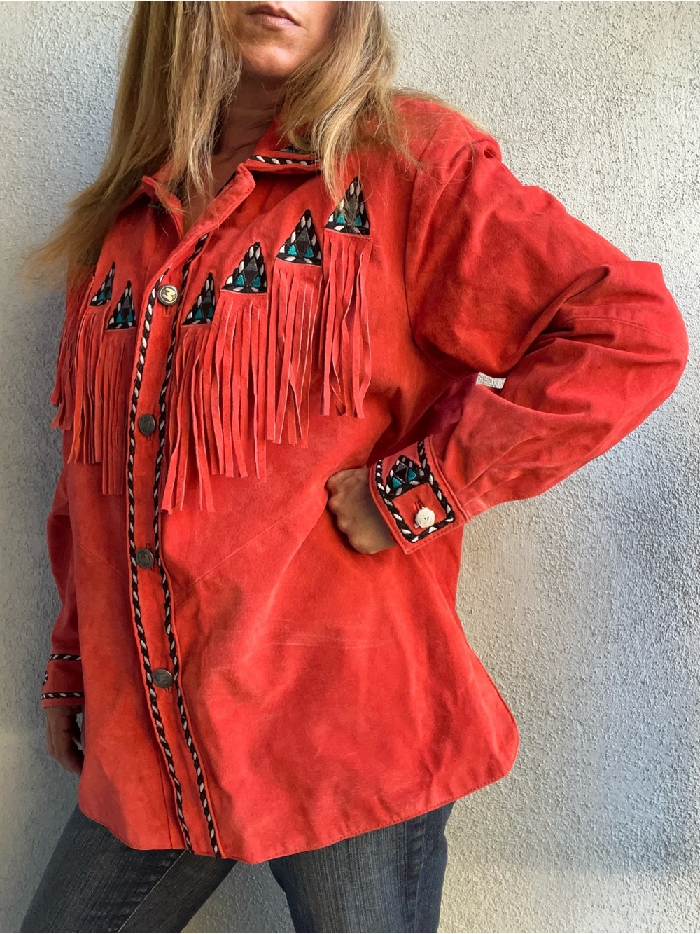 VTG 90s Bob Mackie Wearable Art Orange Suede Fringe Southwestern Jacket XL - Picture 8 of 16